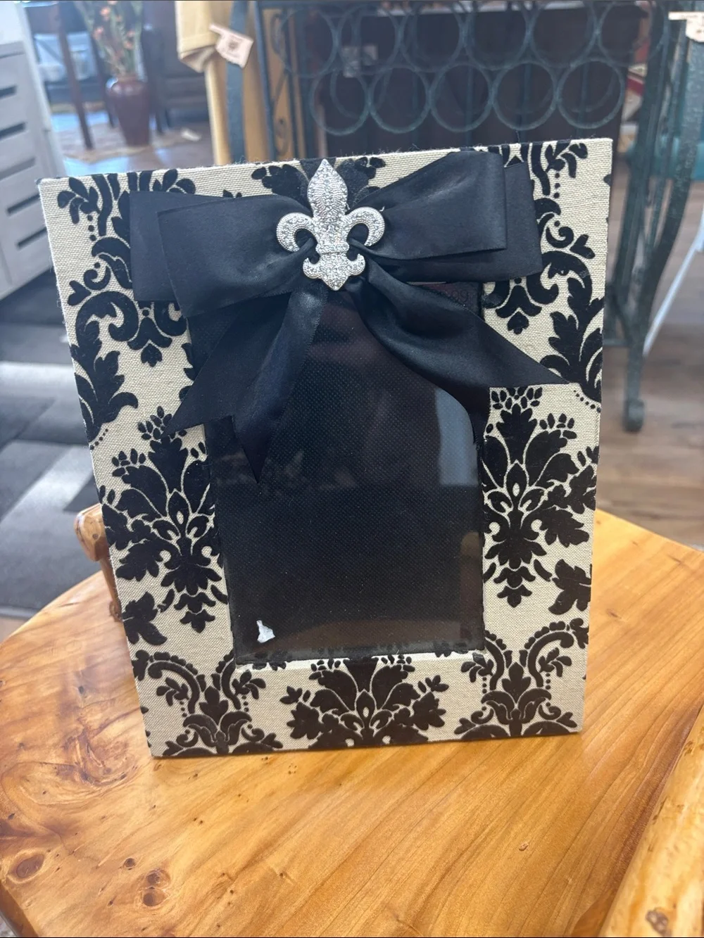 Hobby Lobby Black and Cream Damask Frame with Satin Bow and Fleur-de-Lis